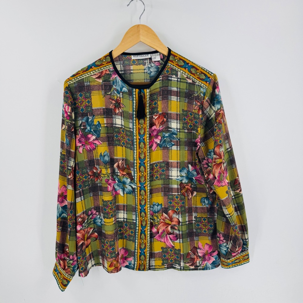 Vintage Martinique Mixed Print Plaid Floral Paisley Top Size 12 Equestrian‎
